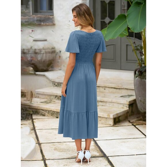 Womens Summer Smocked Flowy Dress Boho Maxi Pockets Casual Dress - Picture 6 of 6